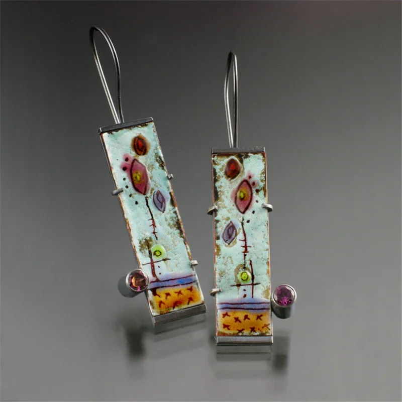 Antique Rectangle Flowers Pink Stone Colorful Dangle Earrings for Women Creative Ethnic Party  Accessories Gift Custom Jewelry