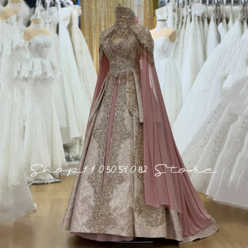Classic Luxury Bridal Gowns Traditional Albanian Dresses High-Necked Shawl-Sleeved Beaded Arab Women's Wedding Dresses Customize