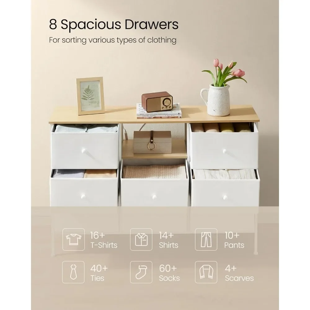 Cômoda para quarto, cômoda de tecido com tomadas de energia e luzes LED, suporte de TV para TVs de até 60 polegadas, 25 cores, 11,8x47,2x31,3 polegadas