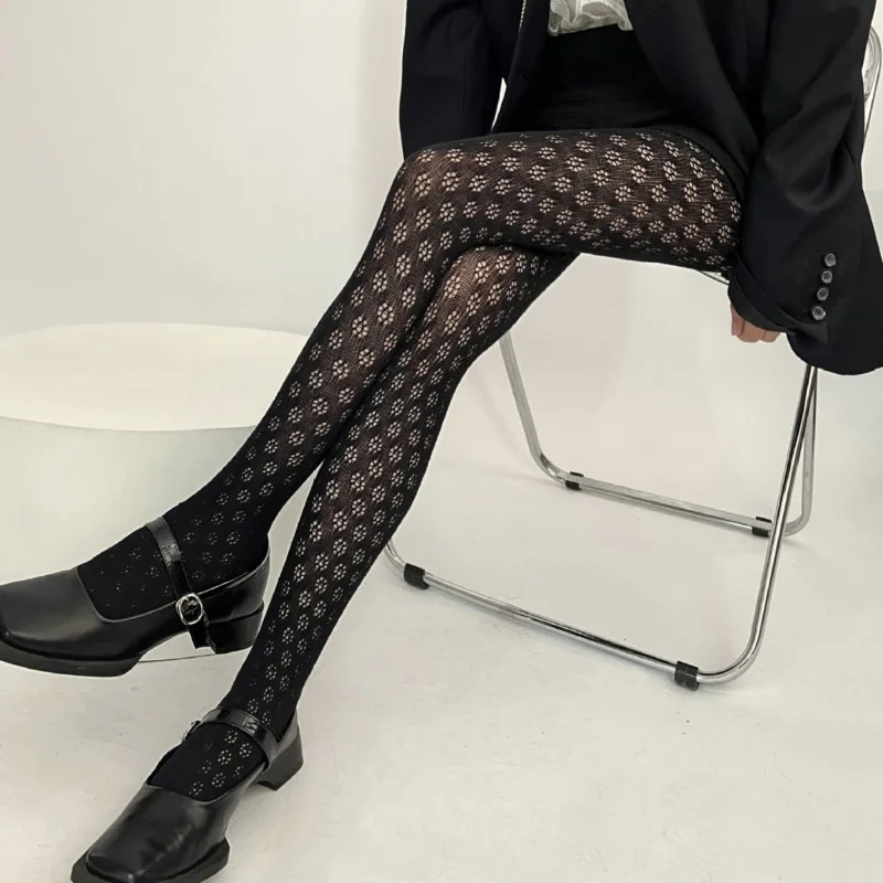 Lolita Knit Tights Black Maid Cosplay Hollow Out Pantyhose Girl Tuiwa Stocking Geometric Pattern Socks