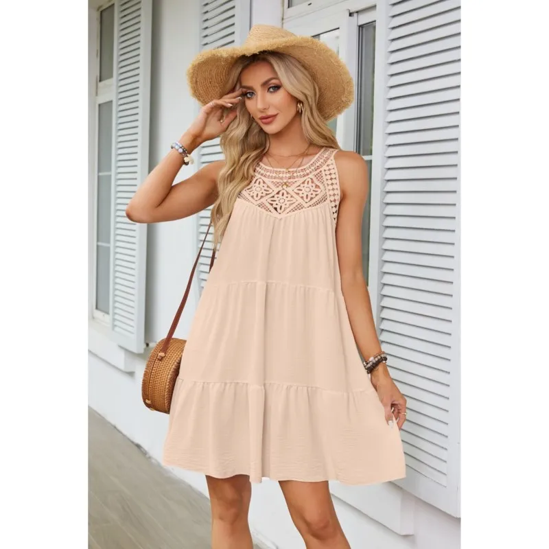 2025 bohème femmes grande taille robe en dentelle décontracté col rond sans manches à volants Mini robe couleur unie plage réservoir surdimensionné robe ample