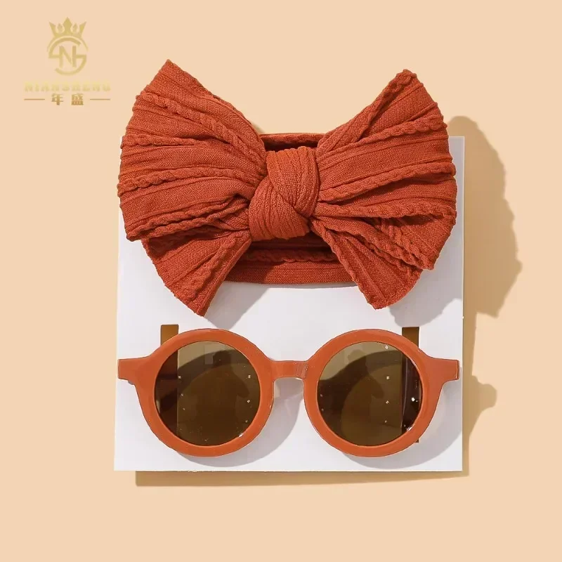 Wide Hairband Round Sunglasses for Kids,Solid Color,Cotton Bowknot,Baby Girls,Kids Hair Accessories,New,2pcs per Set