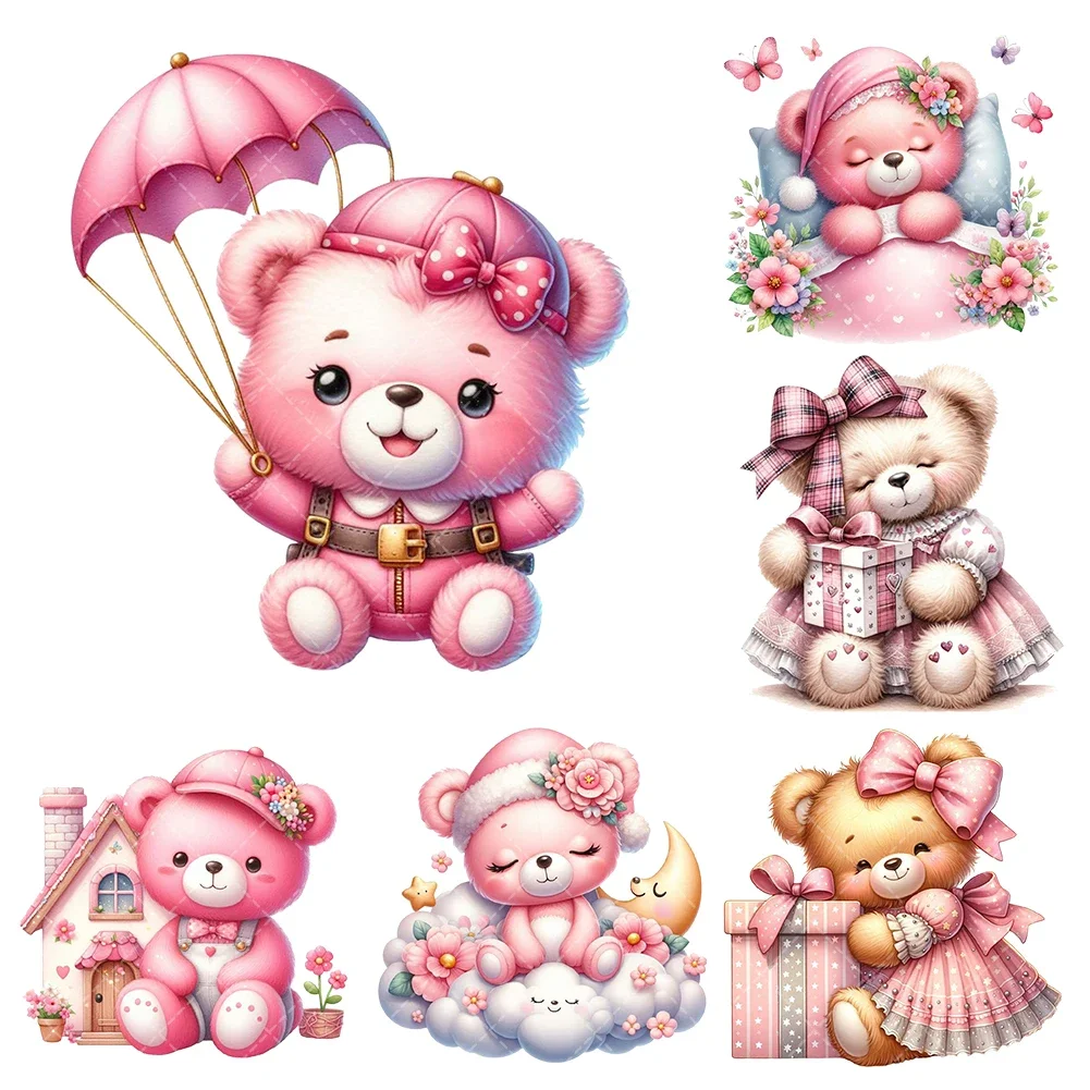 15cm Pink bear for Valentine's Day  Heat Transfer Stickers For Clothes DTF Pinted Vinyl Thermal Appliques Washable T-Shirt Decal