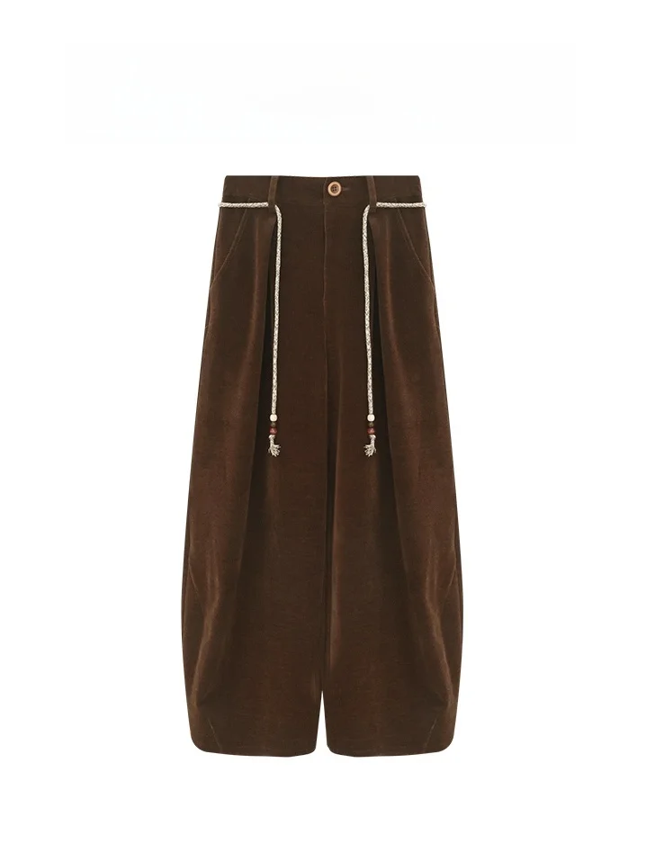 

Американские женские зимние свободные теплые брюки с высокой талией, повседневные брюки с завязками, широкие длинные брюки с высокой талией