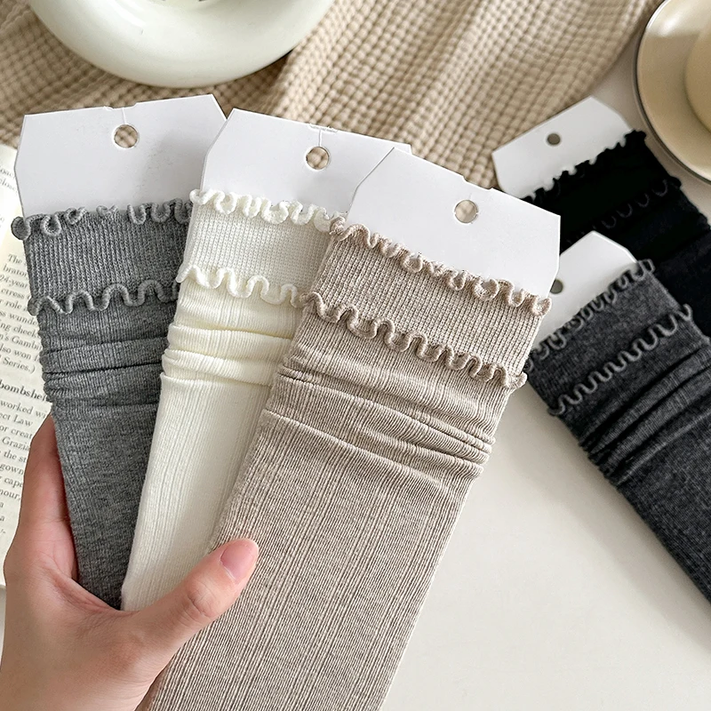 Women Socks New Solid Color Sweet Japanese Fashion Long Socks Female Casual Frilly Trendy Simple Daily Socks Breathable Comfy