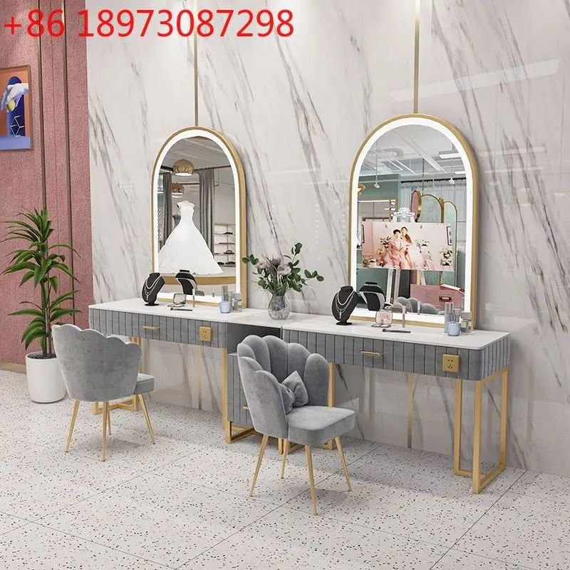 

Beauty salon studio with lamp mirror professional makeup wedding dress shop dresser table