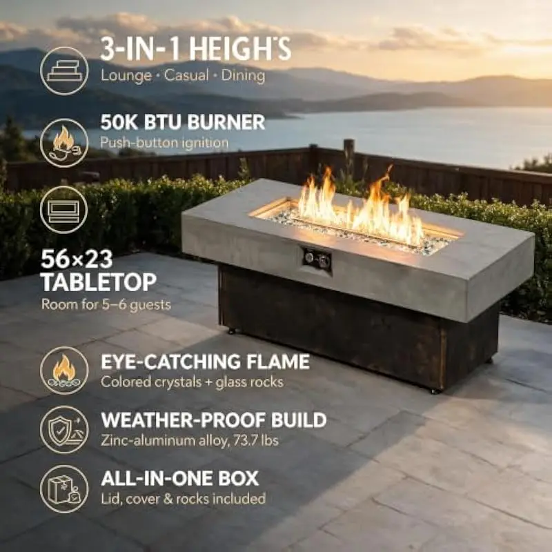56 Inch Rectangular Outdoor Gas Fire Table with 50000 BTU Burner Stainless Steel Frame Cement Texture Top Adjustable Height Sett
