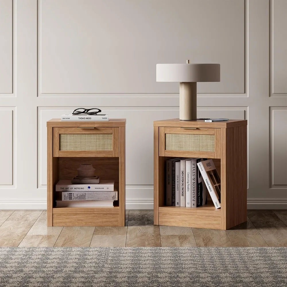 

2 sets of bedside tables, rattan bedside table with charging station, modern coffee table with drawers, 2 sets of bedside tables