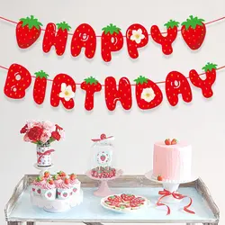 1set Strawberry Disposable Tableware Paper Birthday Banners Candy Bags for Kids Strawberry Birthday Party Decoration Supply