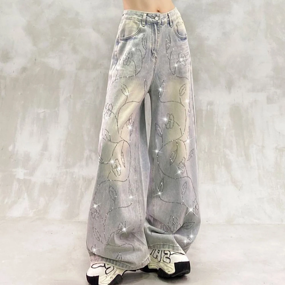 

Handsome shiny hot diamond design casual jeans women's autumn new high waist loose and thin versatile straight wide-leg pants