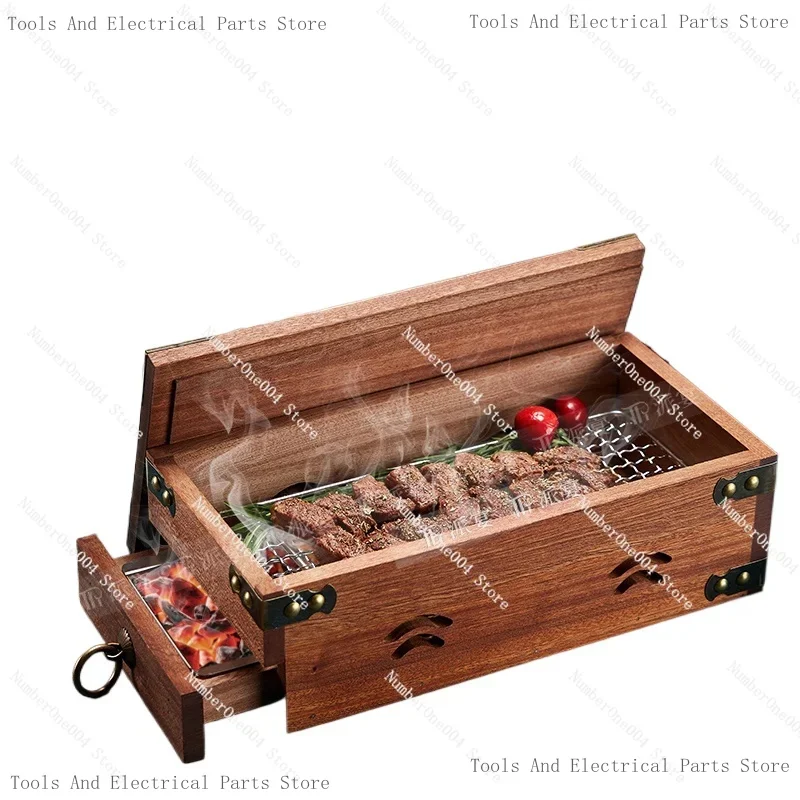 

Западно-фруктовый уголь, гриль, бекон, лосось, копченая коробка для еды из цельного дерева, посуда для стейка розмарина