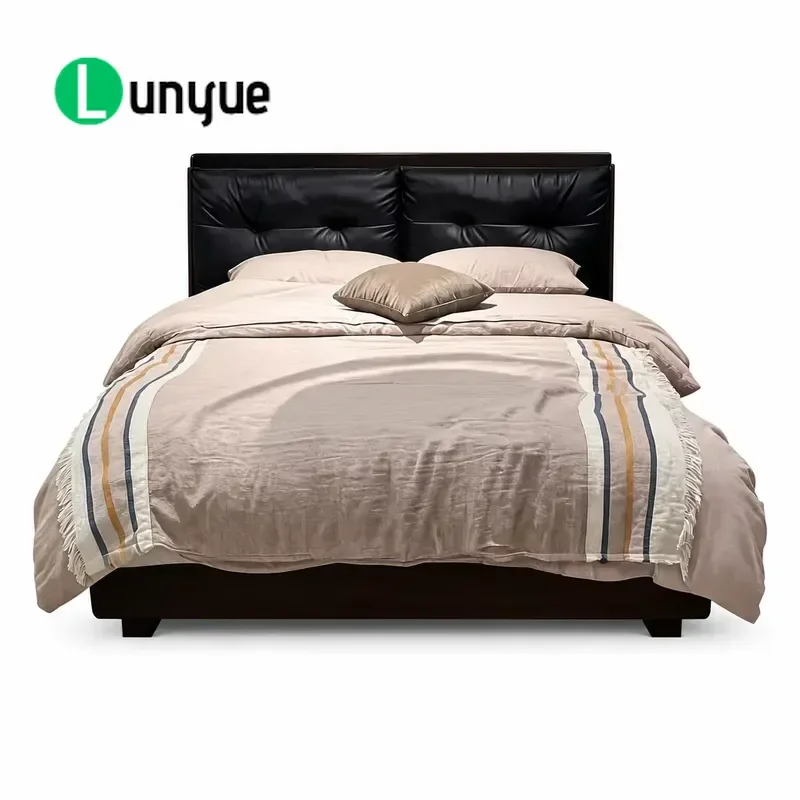 Gothic Platform Bed American Black Walnut Frame Leather Tufted Headboard Solid Wood Bedroom Furniture for Master Room Hotel