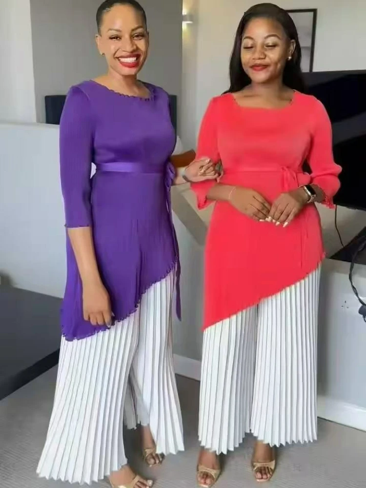 

2025 Miyake Folding New Women's Suit Temperament Irregular Solid Long Sleeves Top and Wide Leg Pants Pleated Two-piece Set New