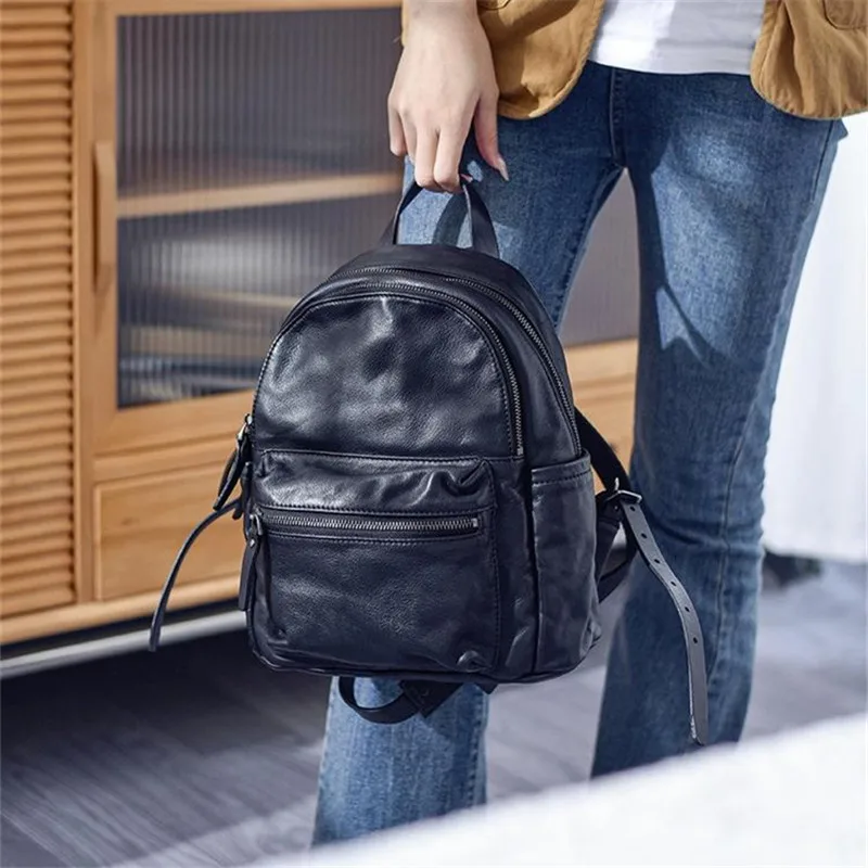 

Fashion outdoor party high quality genuine leather women's black backpack weekend daily travel natural real cowhide bagpack