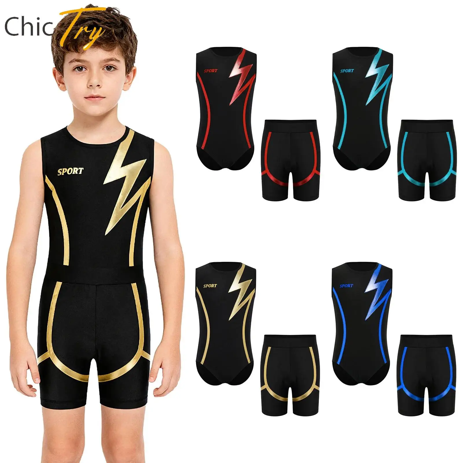 

Boys 2Pcs Rhythmic Gymnastics Figure Skating Dance Outfit Kid Workout Swimwear Sleeveless Metallic Contrast Color Leotard+Shorts