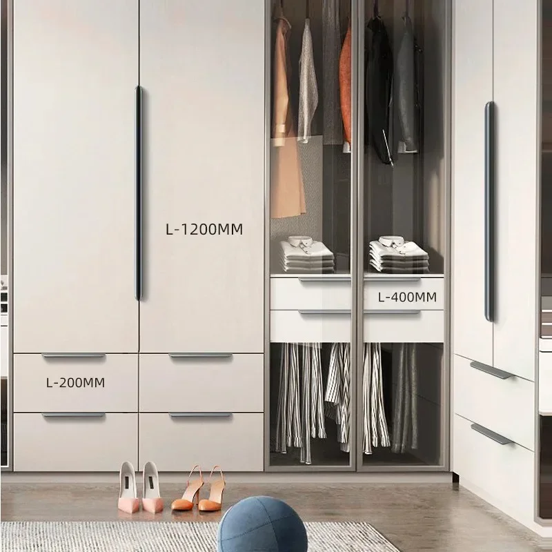 Maçaneta de porta preta longa de luxo leve invisível, sem perfuração, embrulho de borda de guarda-roupa, alça escondida no armário
