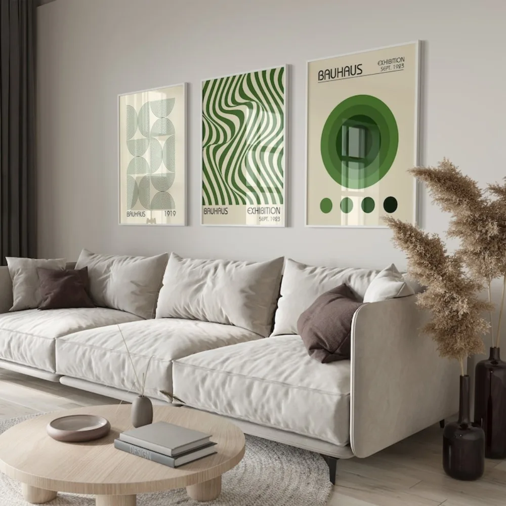3 قطع من فن باوهاوس الأخضر بدون إطار، طباعة ريترو بسيطة، مجموعة ملصقات معرض باوهاوس، ديكور جدار هندسي حديث #2
