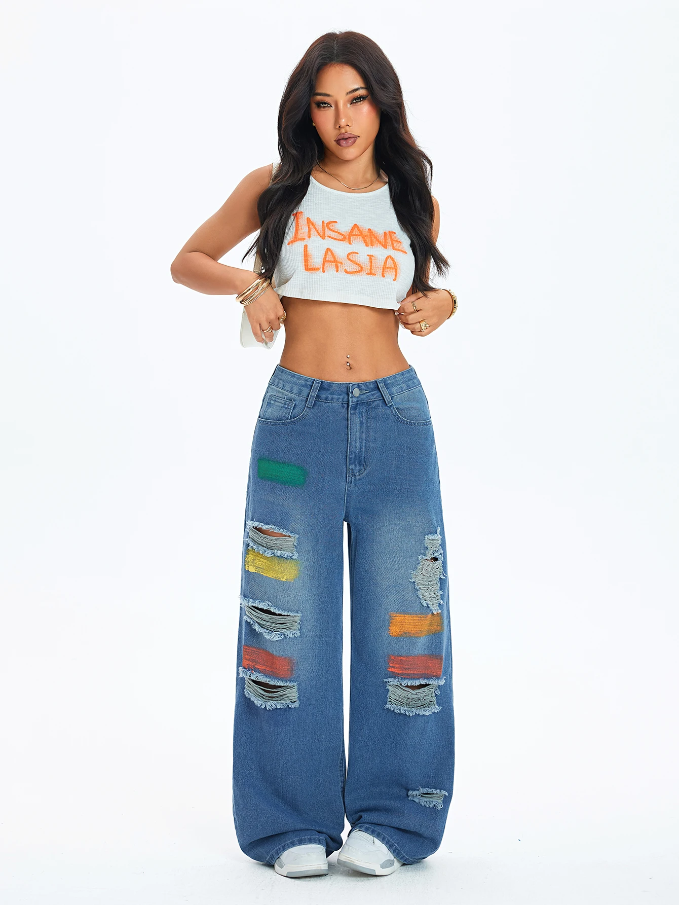 Women's High-Waisted Straight-Leg Jeans Loose Wide-Leg Retro Casual Style with Holes And Graffiti Patterns
