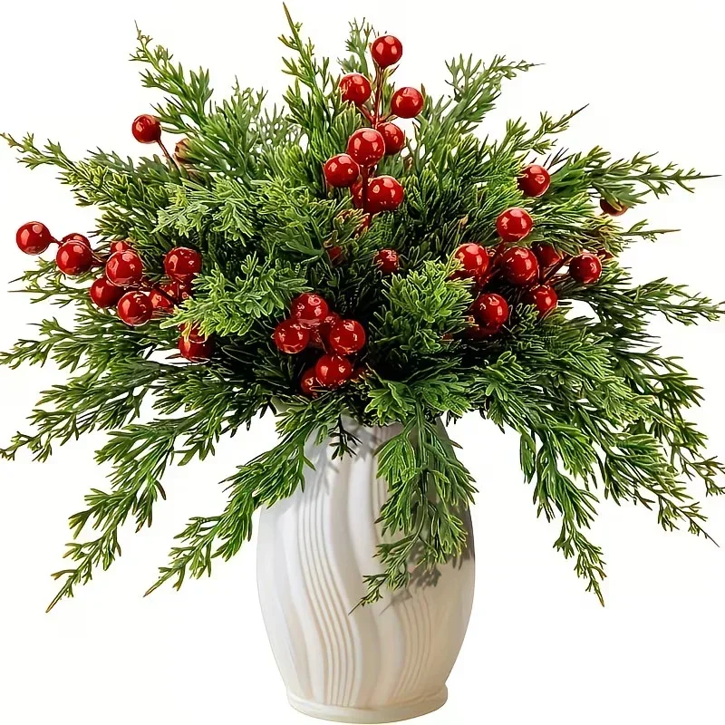 2026 New Artificial Pine Tree Branches with Red Holly Berries for DIY Christmas Tabletop Decoration Plastic Green Branches Gift