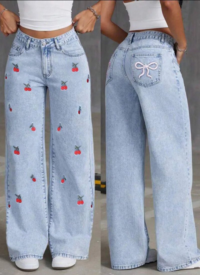 Vintagestyle Women's Jeans Embroidered Fruits Loose Fitting Slim Design Wide Leg Floorlength Style Is Full Of Fashionable Charm
