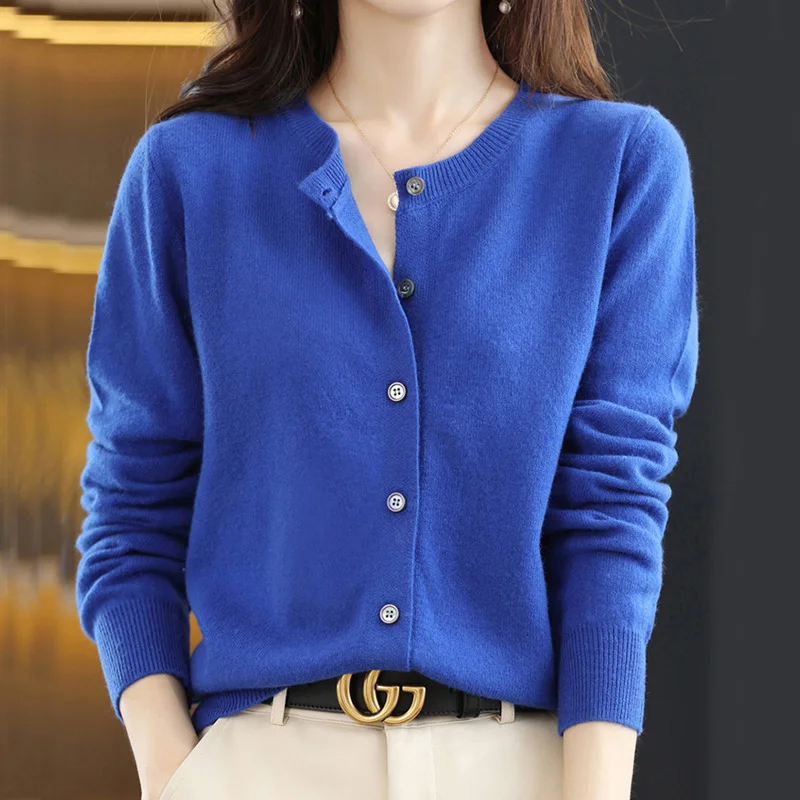 Women Fashion New Sweater Cardigans Autumn Soft Single Buttons O-neck Open Stitch Solid Basics Fine yarn Outwear knitted Coat