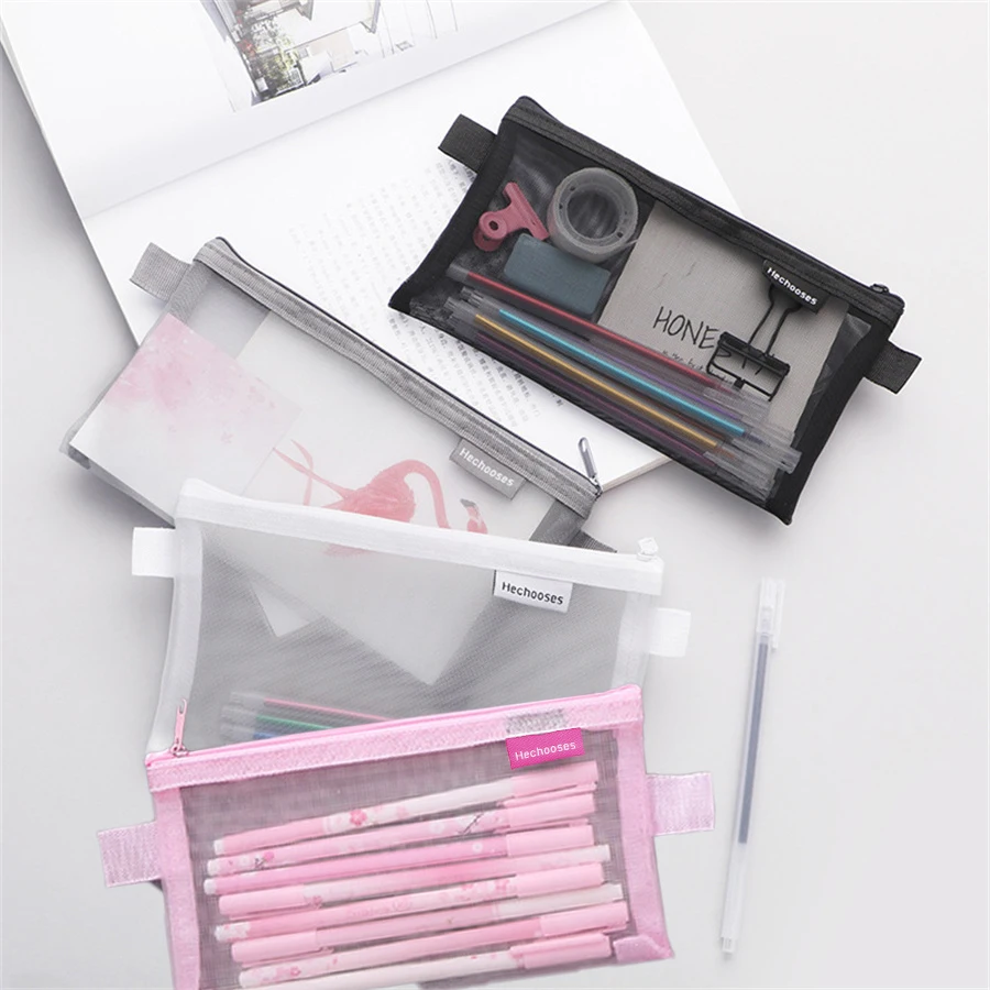 Einfarbige Geldbörse für Make-up, Handtaschen, Schreibwaren, transparentes Gitter, kosmetische Aufbewahrung, Netz-Stifttasche, Reißverschluss, Federmäppchen