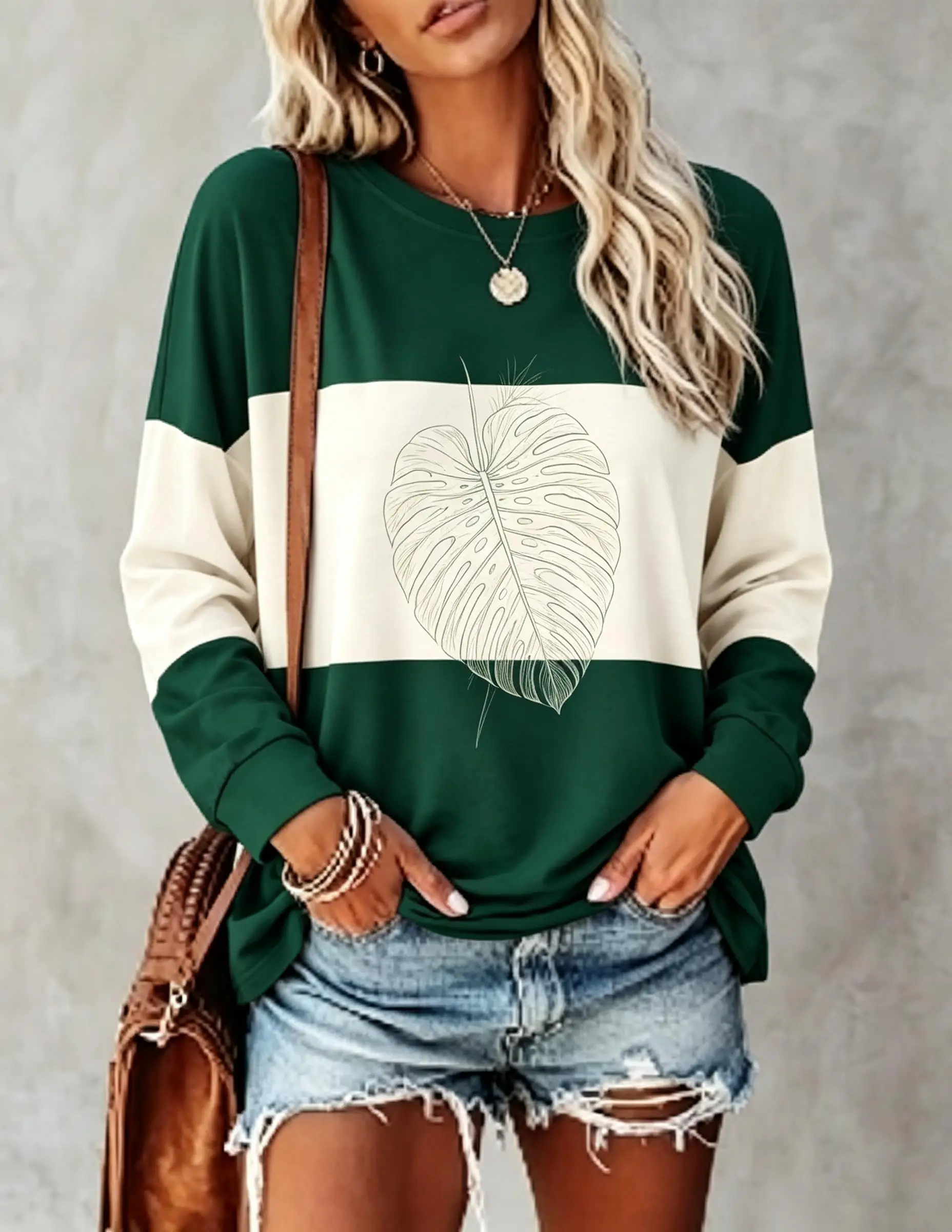 Women Long Sleeve T Shirt Blue Gray Color Block Stripe Skeleton Leaf Print Crew Neck Casual Fall Tops