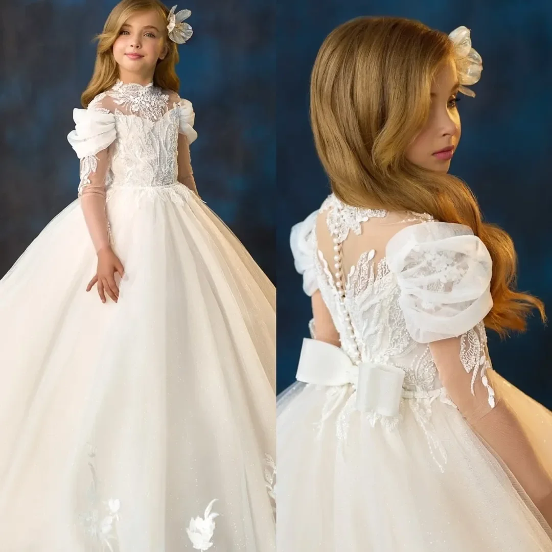 Princess Flower Girl Dress for Wedding High Neck with Bows Floor Lenght Infant Baptism Gowns First Communion Gowns Customized