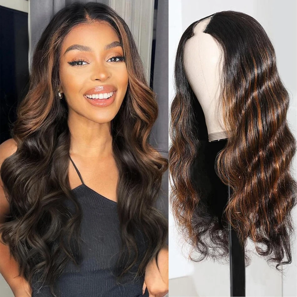 V-vormige pruik met body wave, van echt Braziliaans haar, voor vrouwen, zonder lijm, natuurlijke kleur, 250 density, machinaal gemaakt, 30-36 inch.