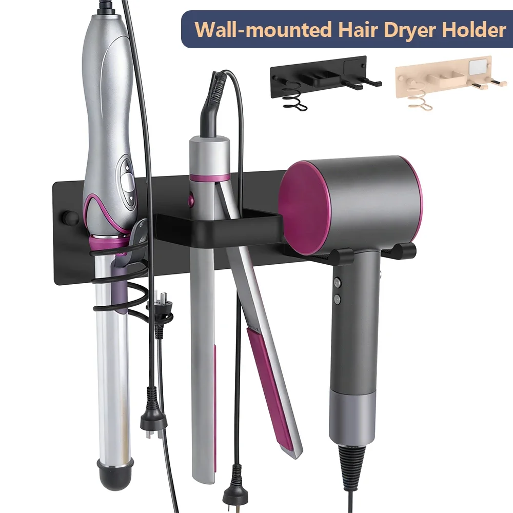 Wandmontierter Haartrocknerhalter 3-in-1 Metall-Badezimmer-Aufbewahrungsregal Universeller Haarwerkzeug-Organizer Robuster Lockenstabhalter