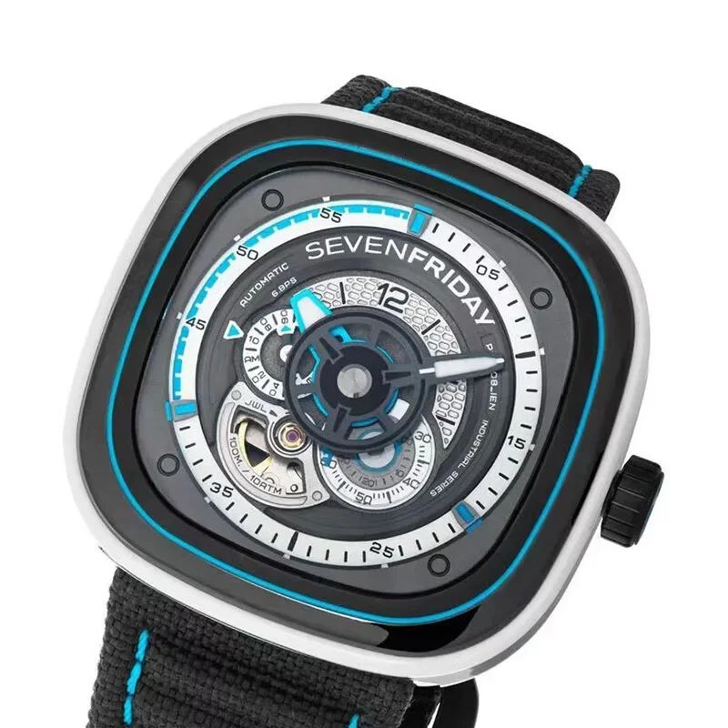 SEVENFRIDAY-Mechanical Watch with Square Large Dial for Men and Women, Automatic, P Series, Luxury Brand, P3C, 08