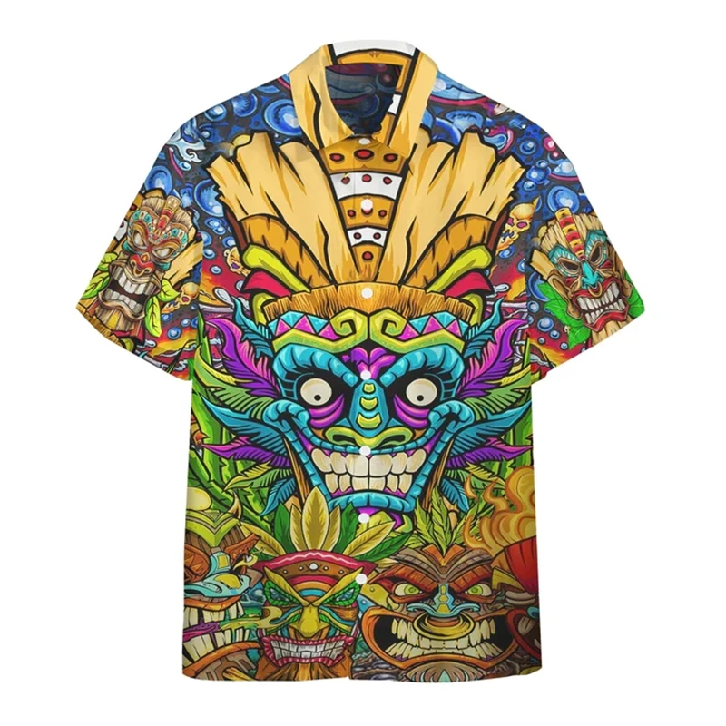 Tiki Moai 3D Printed Hawaiian Shirts For Men Clothes Vintage Civilization Horror Skull Graphic Blouses Casual Y2k Beach Shirts