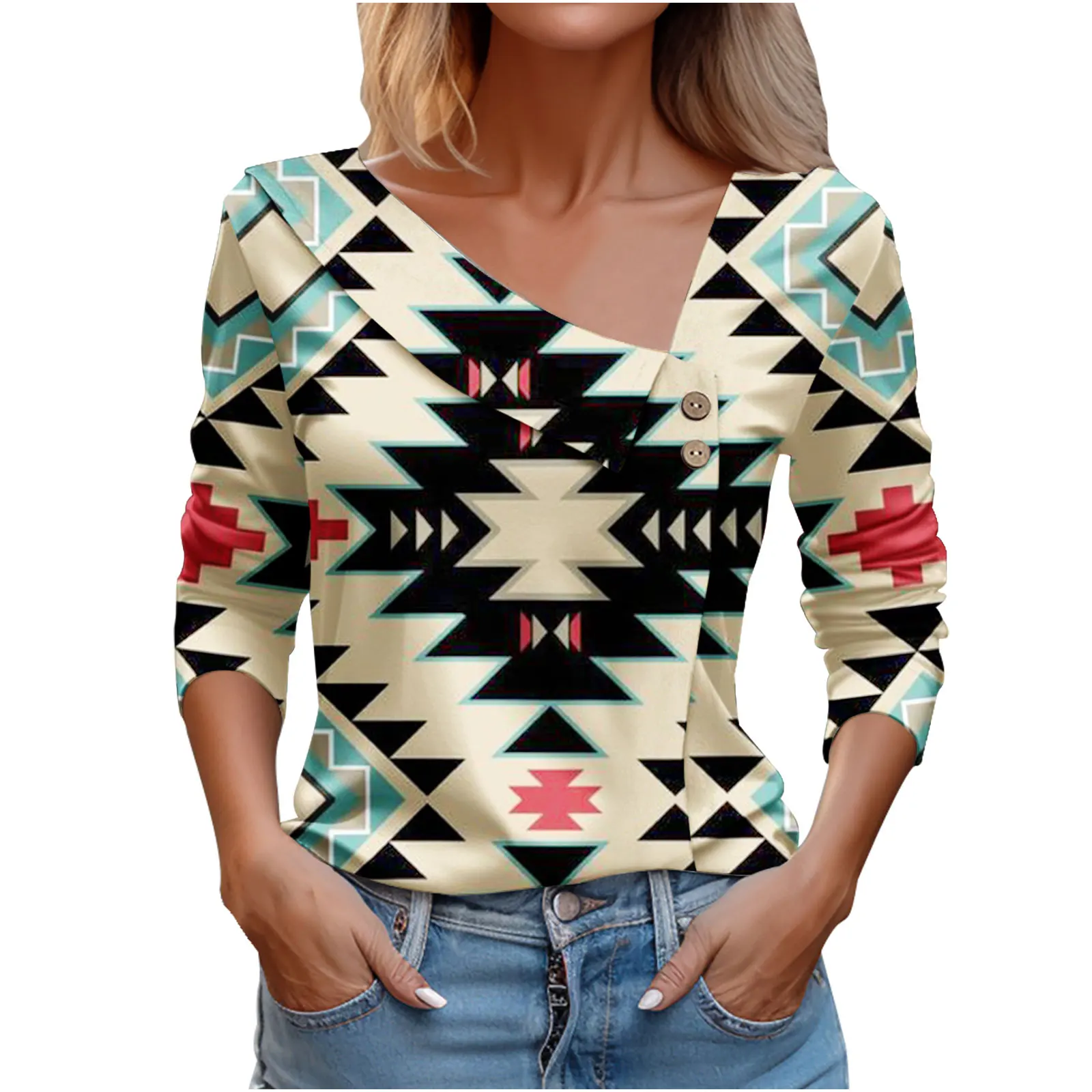 Long Sleeve Elegant Women Tops 2024 Autumn Geometry Print Casual T Shirt For Women Skew Collar T-shirt Office Top Femme
