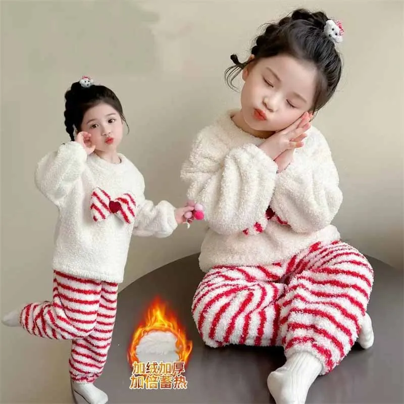 Girls Bow Tie Set Winter Fleece Suit Children Thicken Pyjamas Striped Pants 2Pcs Kid Casual Homewear Outfits Autumn Warm Clothes