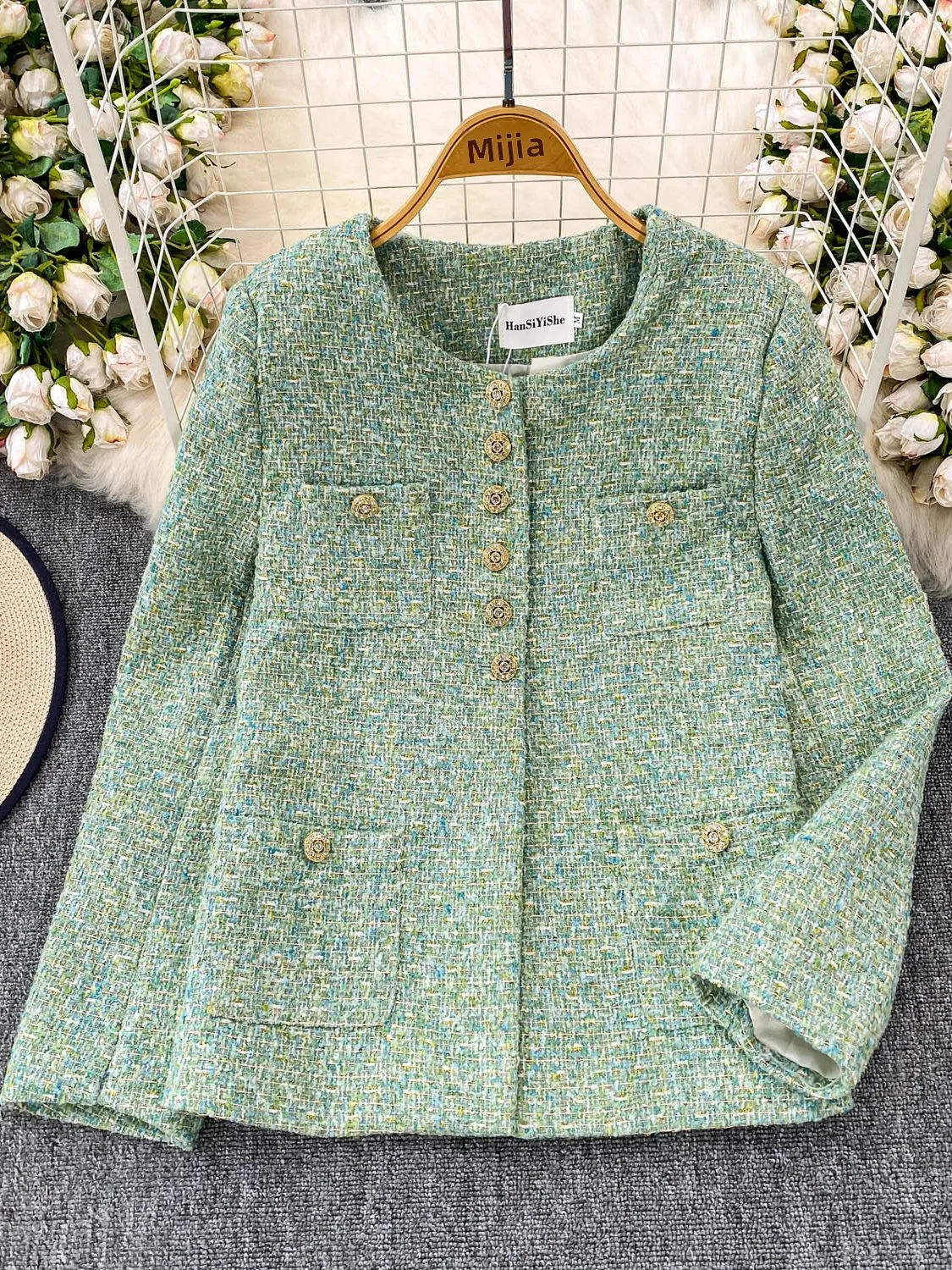 Ele round Ne – vêtements d'extérieur pour femmes, coupe ample, scintillant, Boucle Jaet, automne hiver, haute Sensation, détail bleu en métal