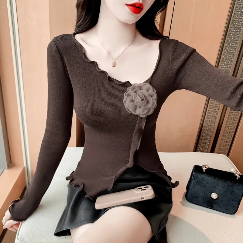 Autumn New Wood Ear Edge Flower Decor Slim Fit Knitwear Casual Slim and Versatile Bottom Knitting Pure Desire Gentle Style Top