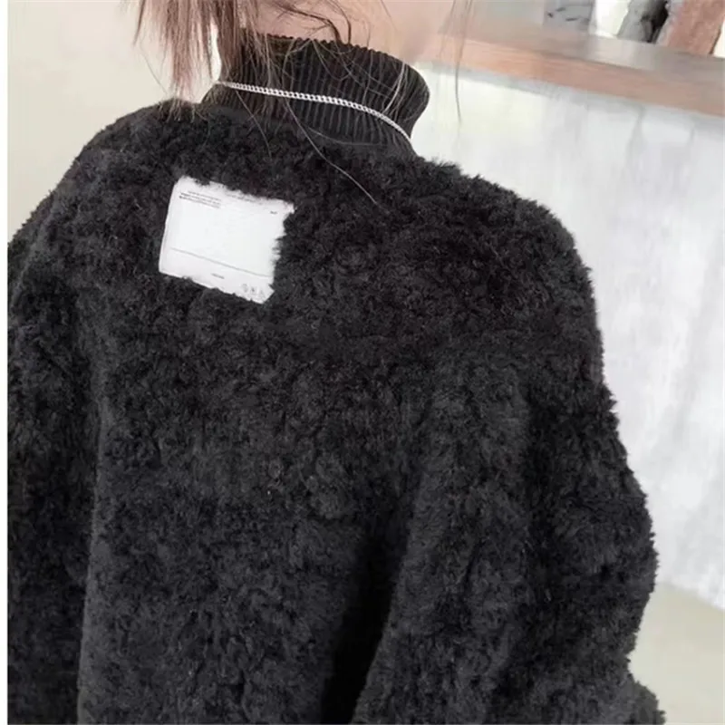 Abrigo de piel de cordero sintética para mujer, chaqueta coreana, de un solo pecho, cuello redondo, peludo grueso acolchado, suelto, otoño e