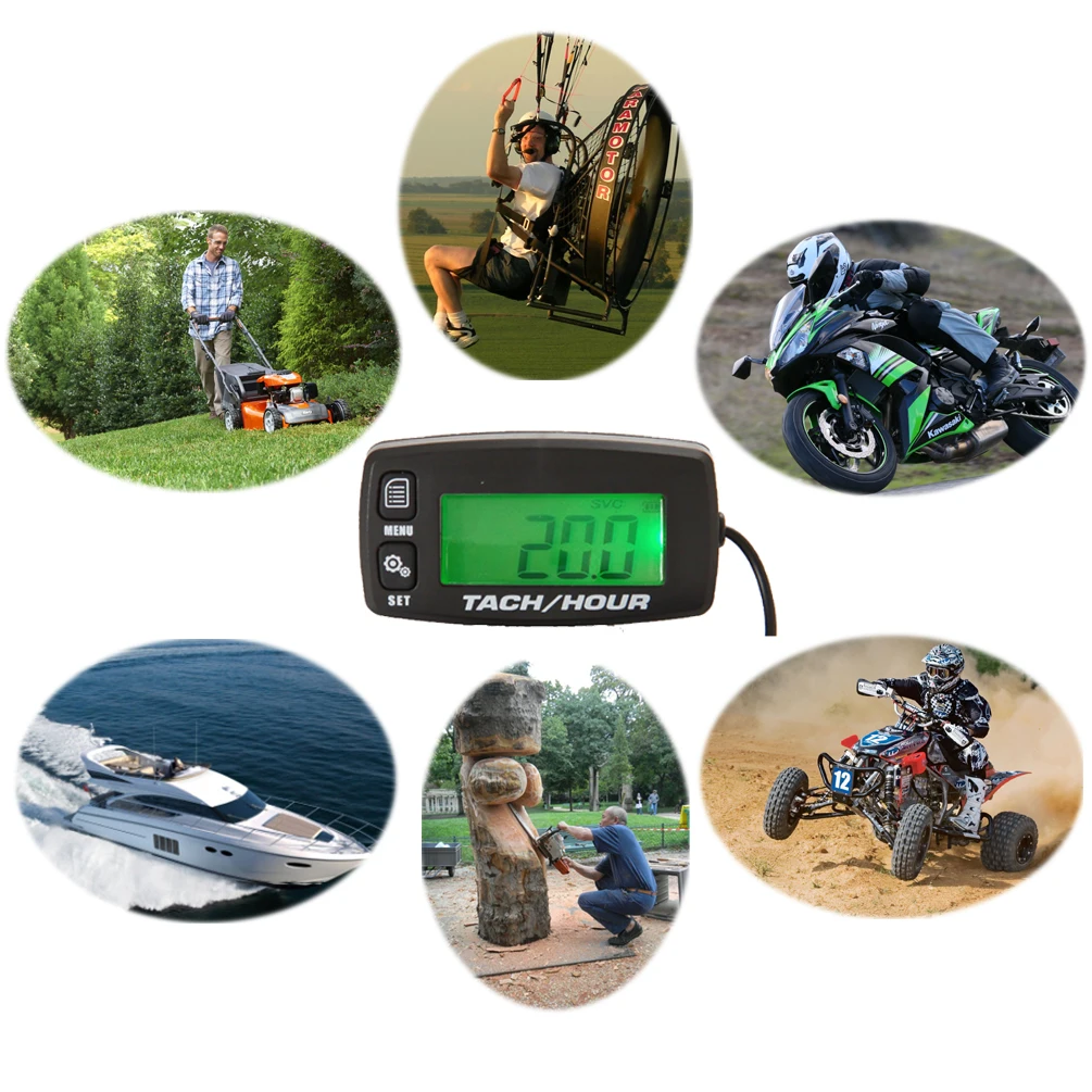 Engine Hour Meter Inductive Tachometer Gauge Backlit Digital Resettable for Motorcycle Marine Glider ATV Snow Blower Lawn Mower