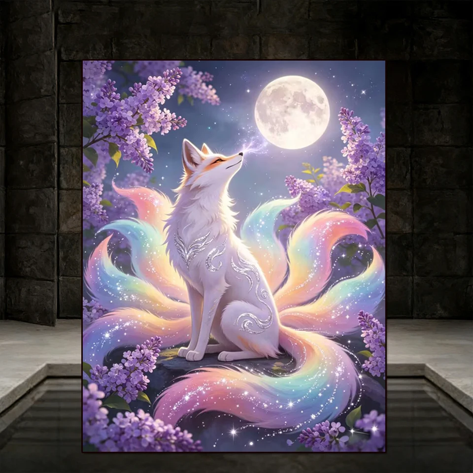 Canvas Painting Nine Tailed White Fox Wall Art Rainbow Tail Kitsune Full Moon Lilac Flowers Poster Fantasy Mythical Creature