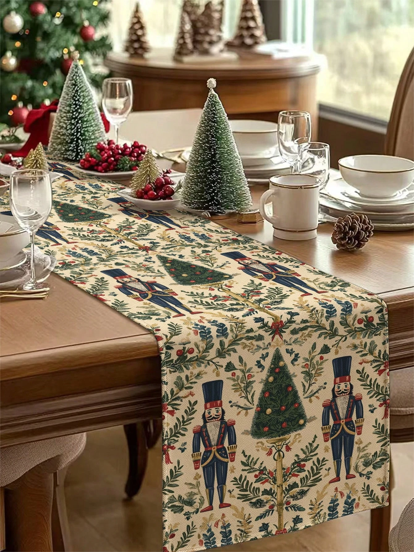 1pc Vintage Nutcracker Christmas Table Runner, Linen 2D Print Floral Soldier & Tree Design Decor, All-Season for Dining Table
