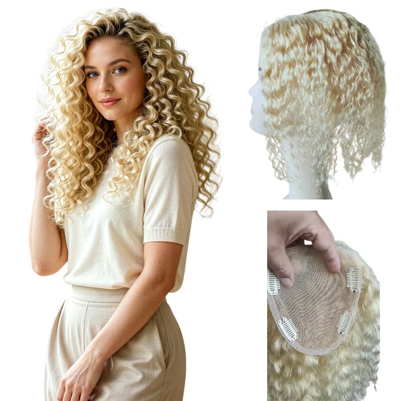 Human Remy Hair Hair Extensions Swiss Lace 13x14cm 12inch Deep Wave Topper Hand-Tied Color #4 P4-27 7-10Days