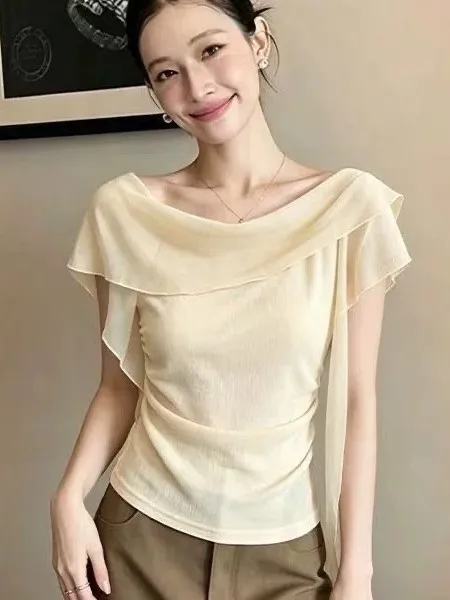 Lazy Style Yellow Shoulder One-Shoulder Short Sleeve Women's Summer Anti-Aging Brightening Top Trendy Women's Fashion Shirt