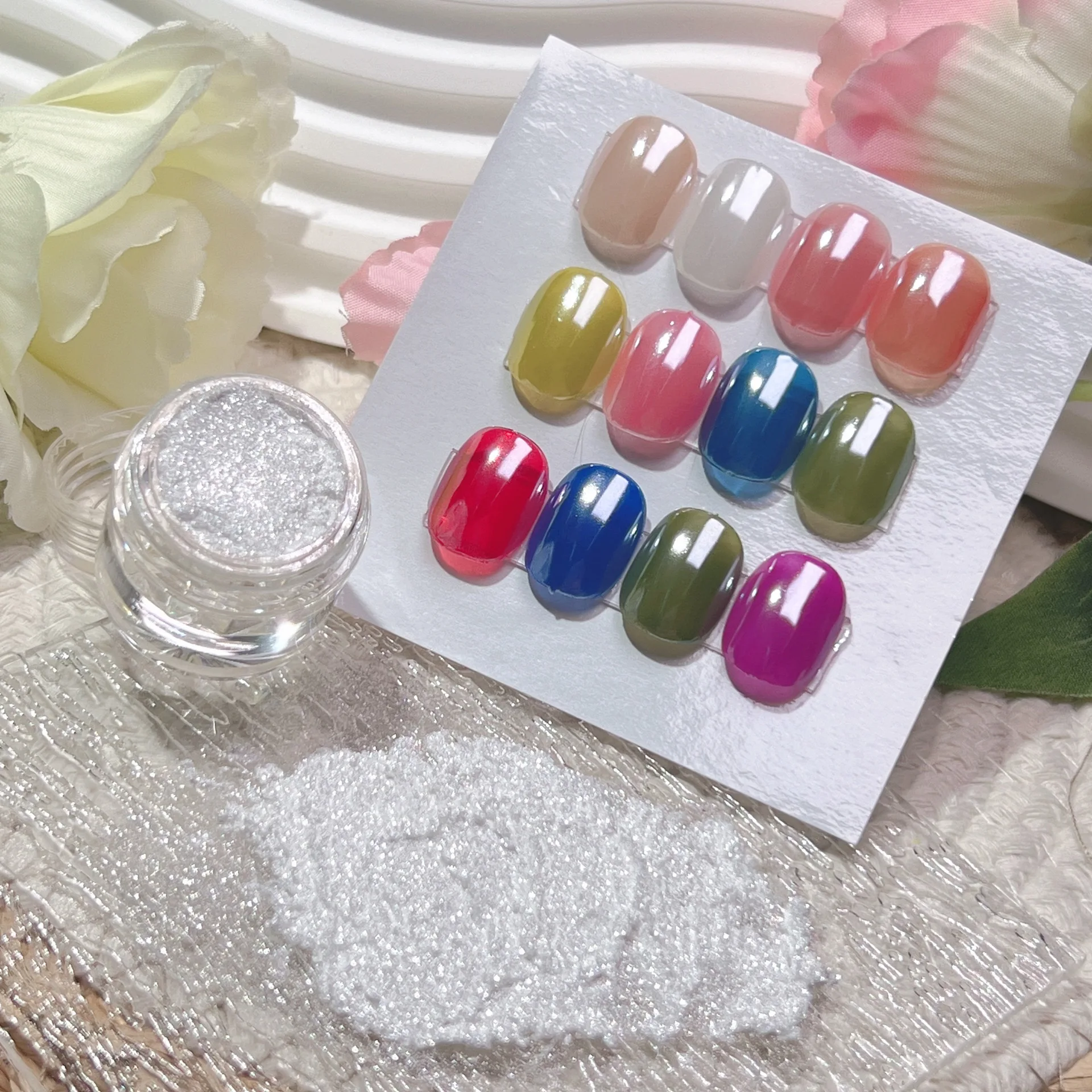 White Chrome Nail Powder Super Glossy Clear Mirror Effect Smooth Pearl Glitter Pigment White Ice Transparent moonlight Powder