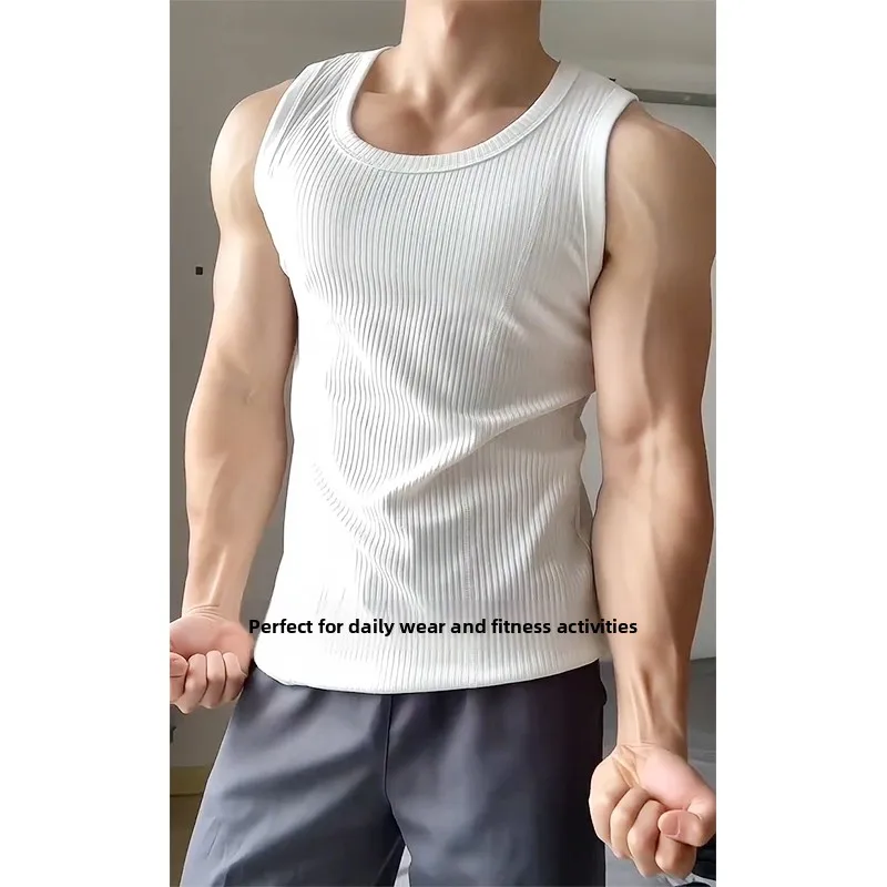 

Men's Fitn Svel Elastic Slim Fit Vest Summer Sportswear Heavyweight Vertical Stripes Tank Top round Ne Sweat Absor...