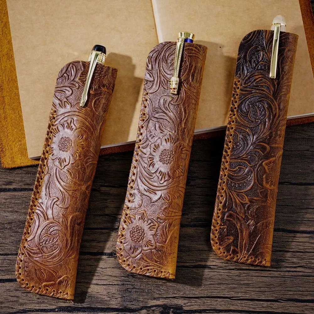 Retro Pen Bag Genuine Leather Creative Brown Embossing Flower Pen Pouch Gift Protection Case