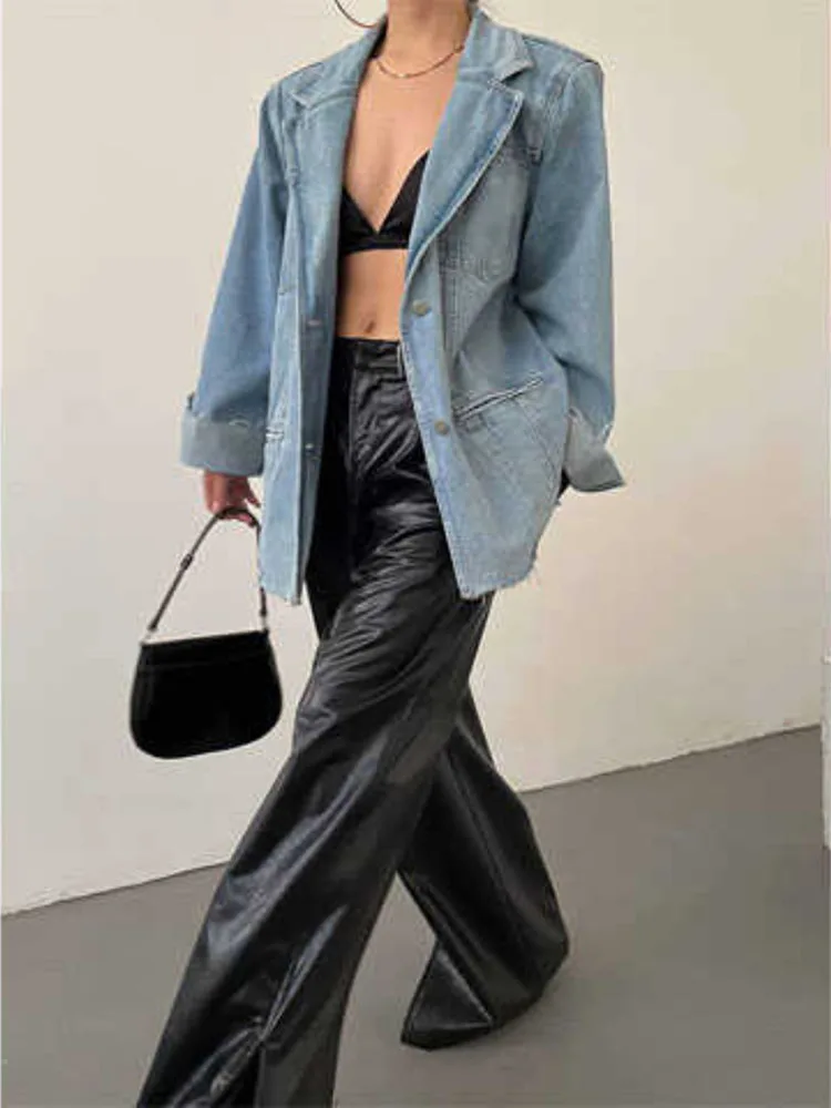 Anzug-Stil, Fransen, Retro-Jeans, gewaschen, blau, Distressed-Denim, lockere Jacke, mittellange Jacke im amerikanischen Stil, trendiges Damen-Top