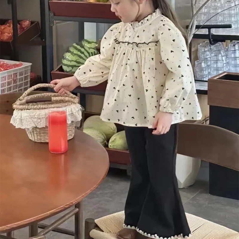 Girls' Set Heart Collar Shirt and Slim Fit Flared Pants2025Spring and Autumn New Fashion Foreign Trade Children's Clothing Whole