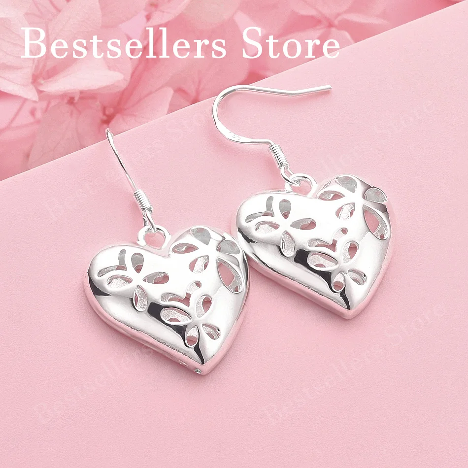 925 Sterling Silver Delicate Floral Openwork Heart Earrings, Fashionable Engagement Gift Jewelry for Women