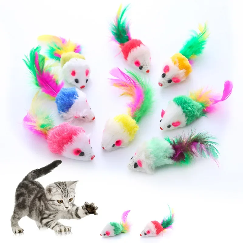 5/10pcs Cute Mini Soft Fleece False Mouse Cat Toys Colorful Feather Funny Playing Training Toys Cats Kitten Puppy Pet Supplies