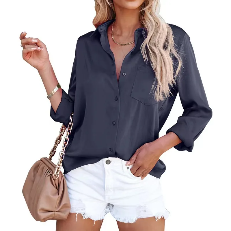 Acetate Silk Solid Color Long Sleeved Business Women's Top Shirt for Women